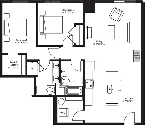 Floor plan for 2 beds, 2 baths, 1289 sqft